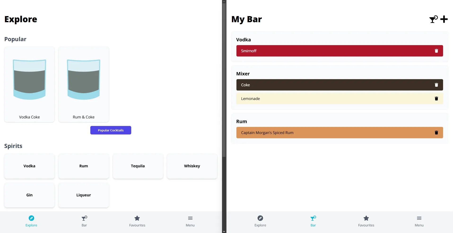 MVP of the home page and the bar