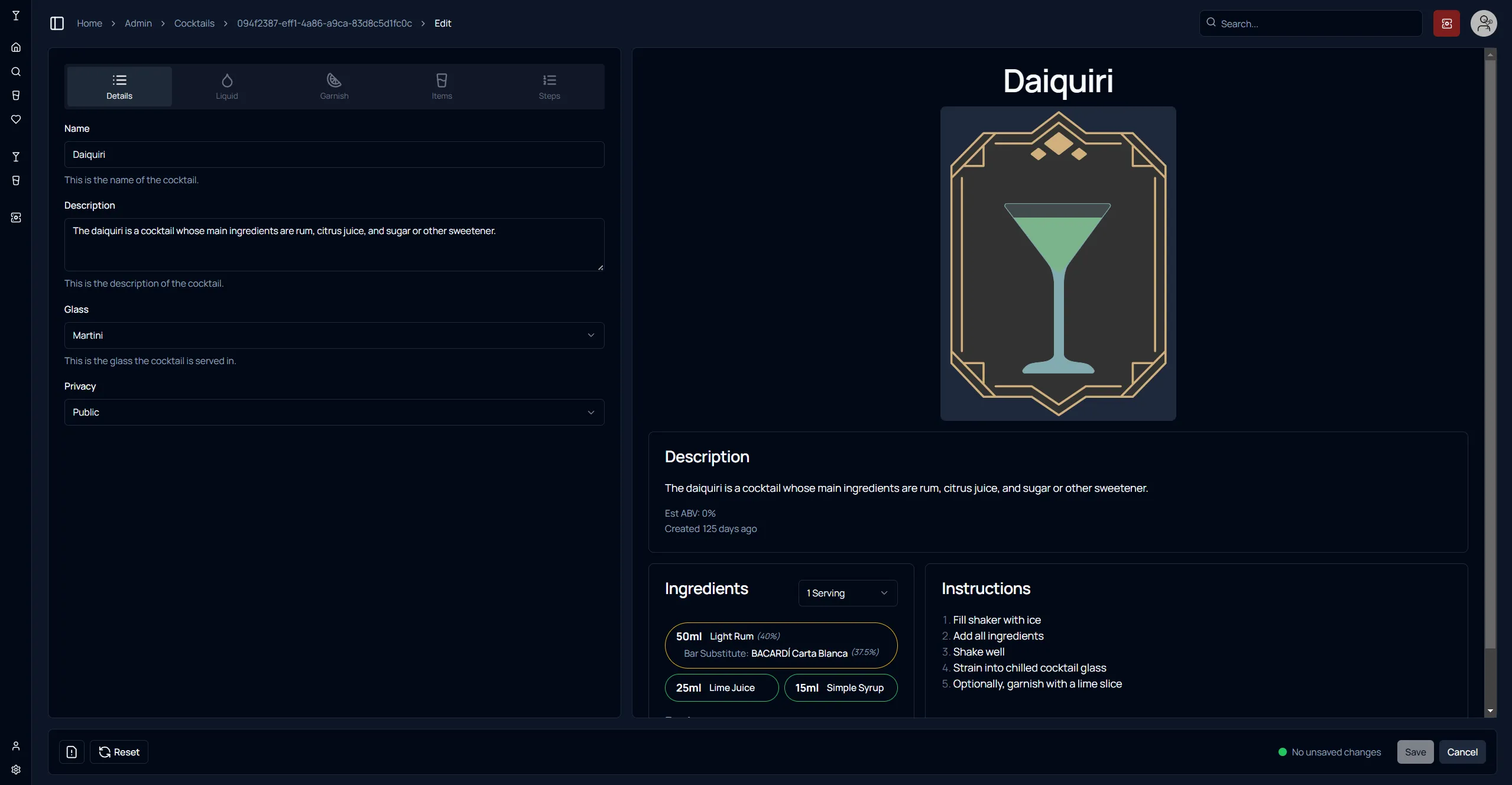 V3 Admin Edit Cocktail